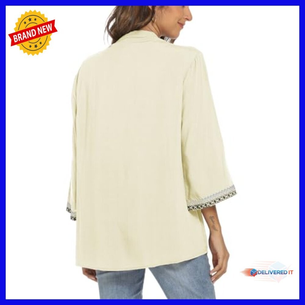 Loose Fit Embroidered Tunic Blouse 3/4 Sleeve V-Neck Bohemian Top - Picture 2 of 6